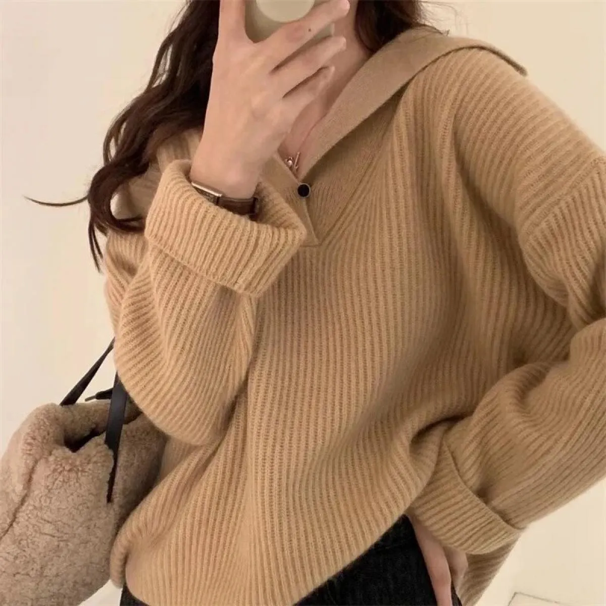 Maglione Allentato Casual Cerniere Maglione lavorato a maglia Solido Oversize Donna Autunno Inverno Colletto rovesciato Top alla