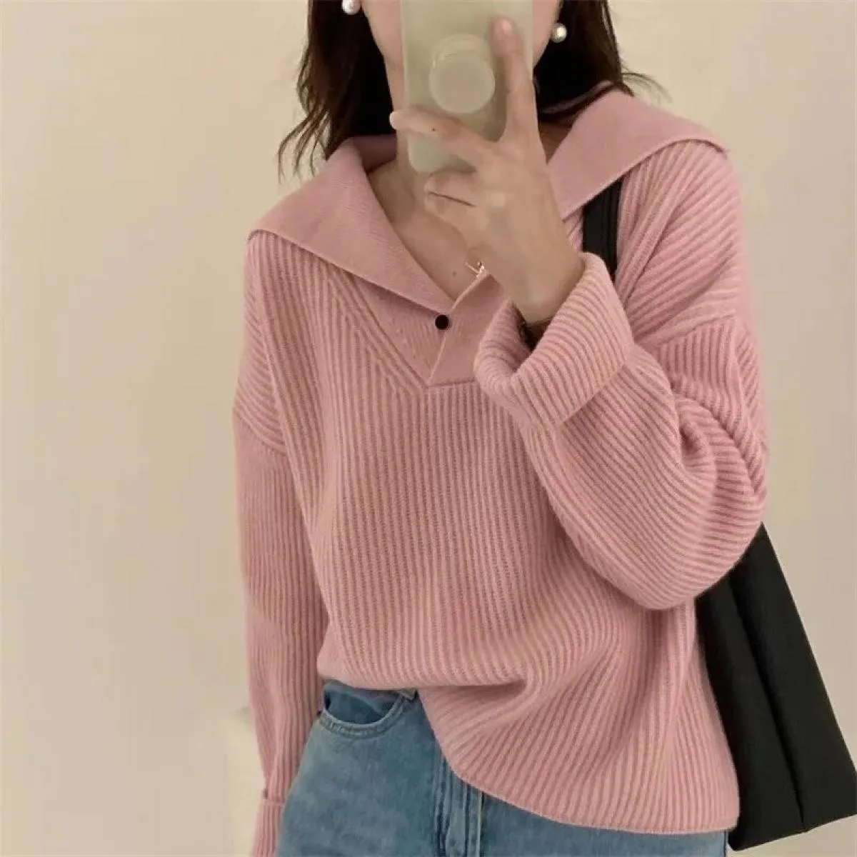 Maglione Allentato Casual Cerniere Maglione lavorato a maglia Solido Oversize Donna Autunno Inverno Colletto rovesciato Top alla