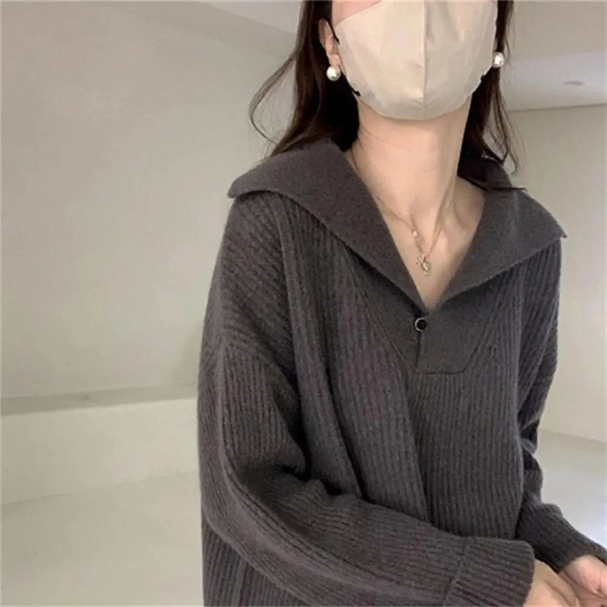 Maglione Allentato Casual Cerniere Maglione lavorato a maglia Solido Oversize Donna Autunno Inverno Colletto rovesciato Top alla