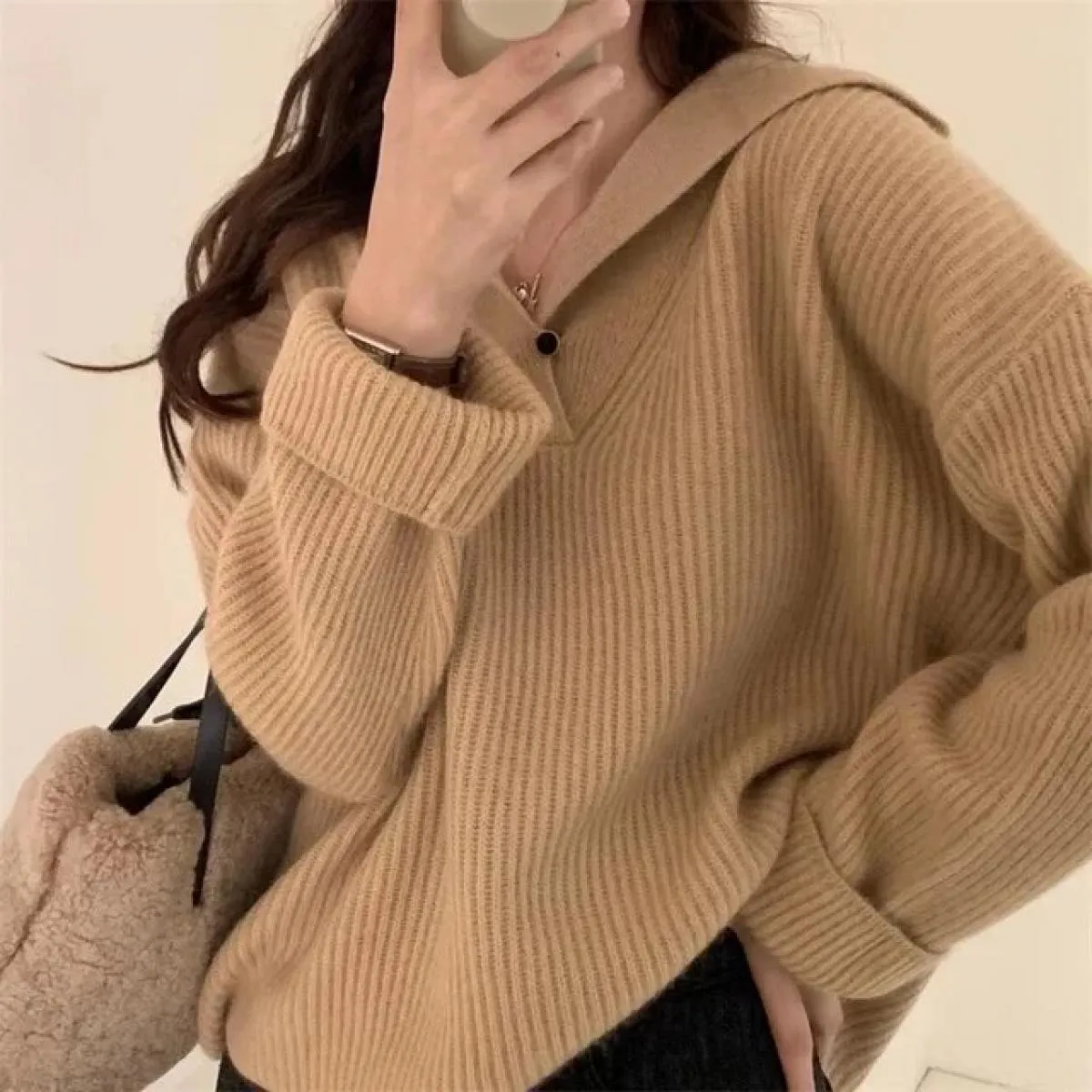Maglione Allentato Casual Cerniere Maglione lavorato a maglia Solido Oversize Donna Autunno Inverno Colletto rovesciato Top alla