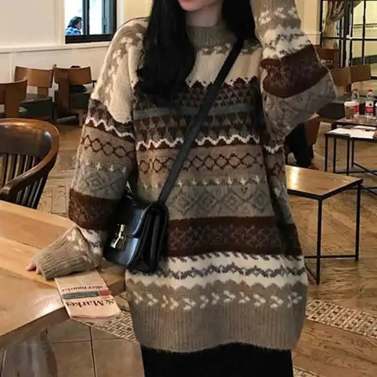 Maglione Donna Pullover invernale Maglioni lavorati a maglia Maglioni larghi a righe Maglione casual Top a rombi