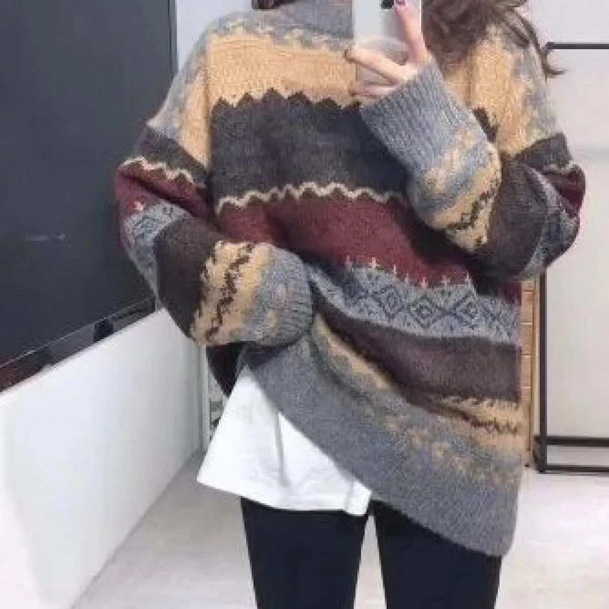 Maglione Donna Pullover invernale Maglioni lavorati a maglia Maglioni larghi a righe Maglione casual Top a rombi