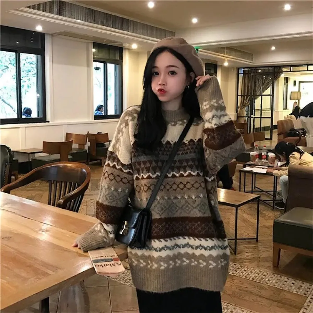 Maglione Donna Pullover invernale Maglioni lavorati a maglia Maglioni larghi a righe Maglione casual Top a rombi