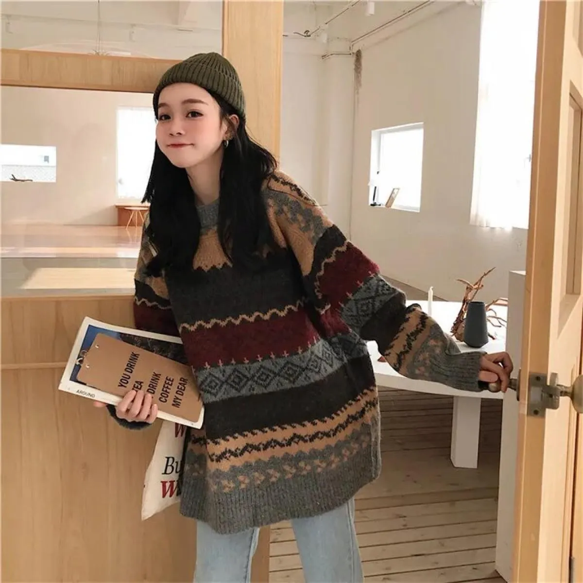 Maglione Donna Pullover invernale Maglioni lavorati a maglia Maglioni larghi a righe Maglione casual Top a rombi