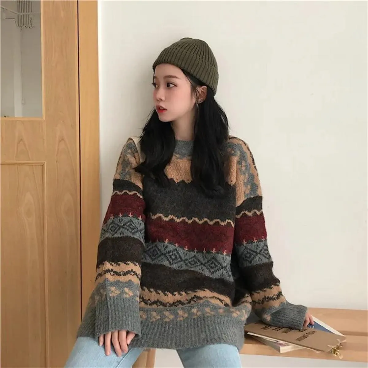 Maglione Donna Pullover invernale Maglioni lavorati a maglia Maglioni larghi a righe Maglione casual Top a rombi
