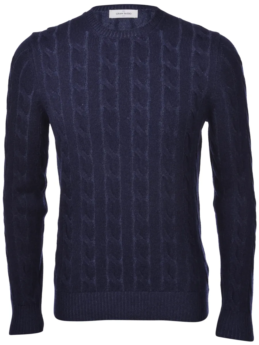 Maglione gran sasso blu a trecce misto cashmere