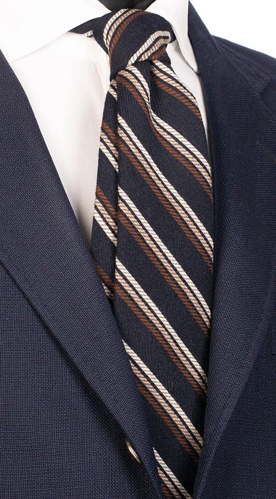 Man Blue Regimental Wool Silk Tie Brown Beige White Stripes