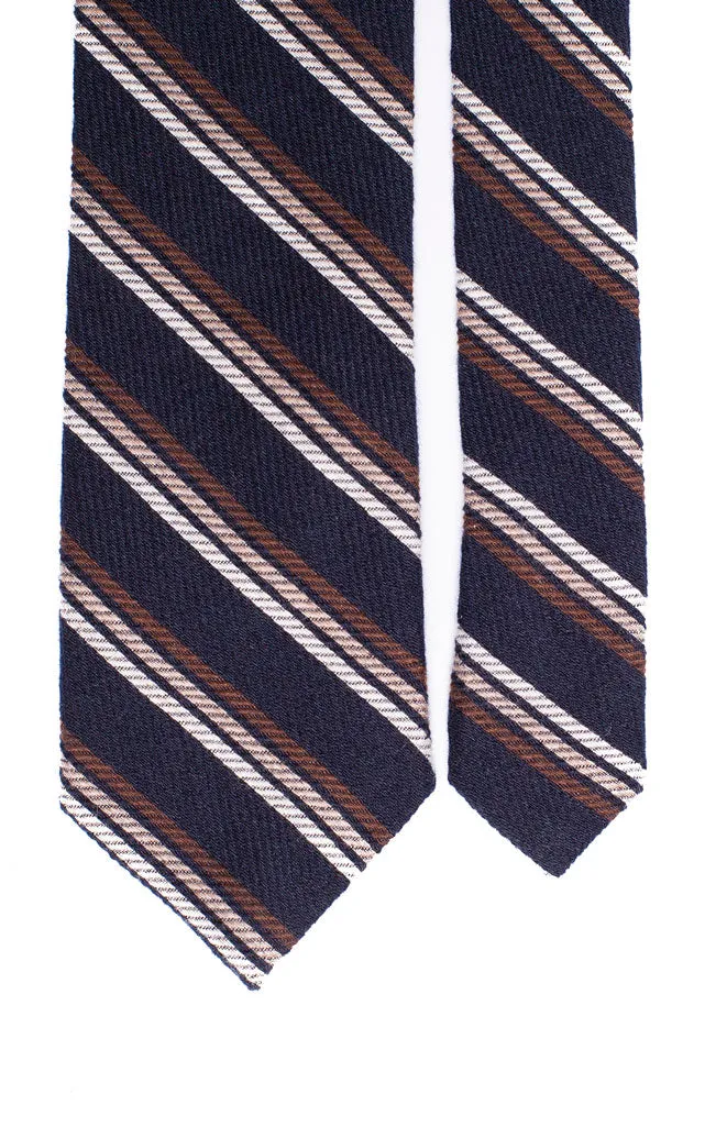Man Blue Regimental Wool Silk Tie Brown Beige White Stripes