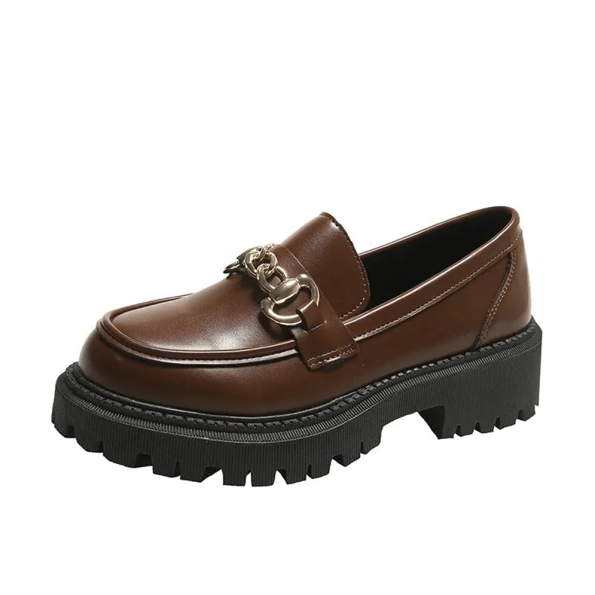 Mocassini robusti da donna in vera pelle di mucca scarpe con plateau punta tonda catena di metallo slip on appartamenti da donna