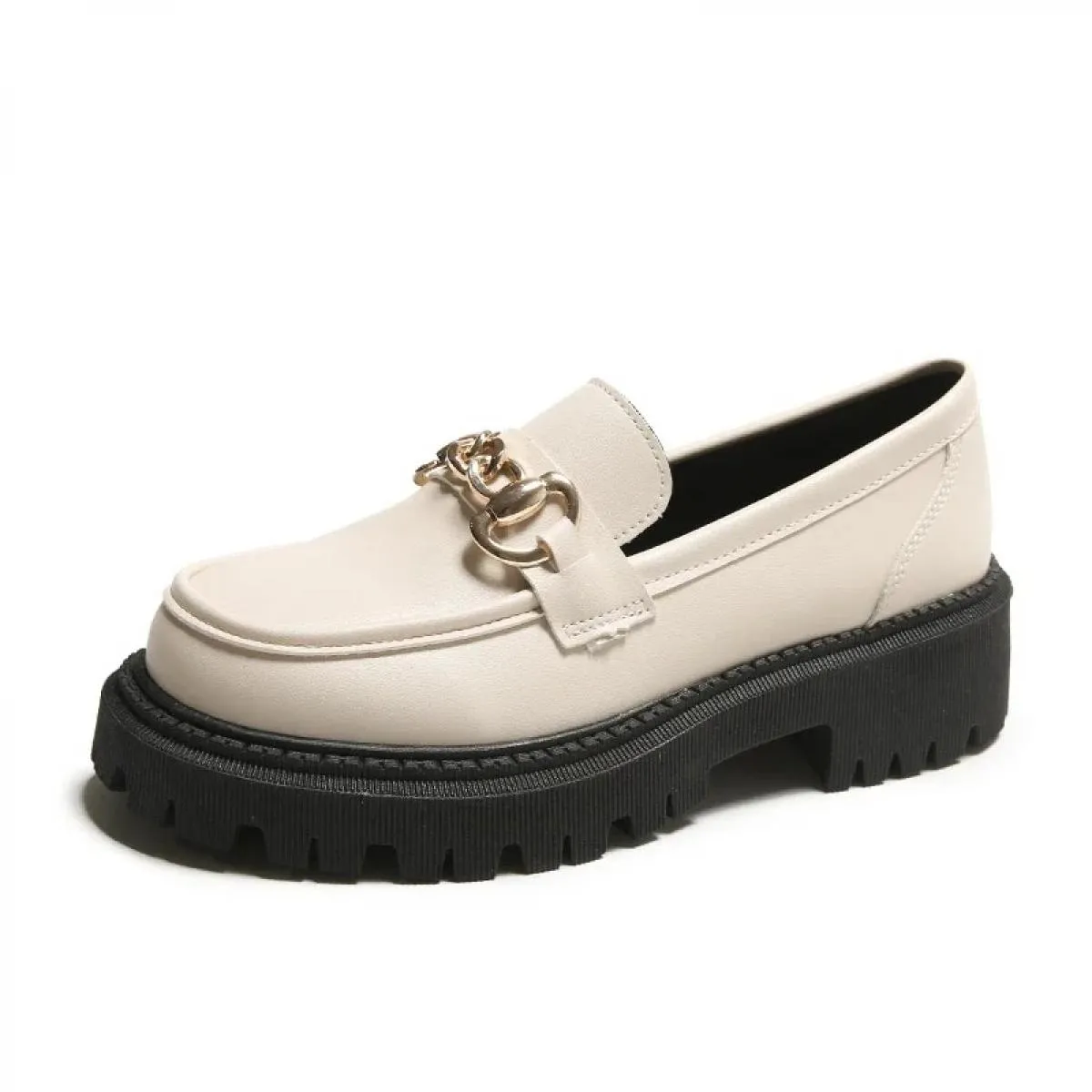 Mocassini robusti da donna in vera pelle di mucca scarpe con plateau punta tonda catena di metallo slip on appartamenti da donna