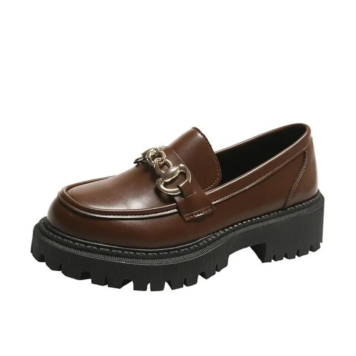 Mocassini robusti da donna in vera pelle di mucca scarpe con plateau punta tonda catena di metallo slip on appartamenti da donna