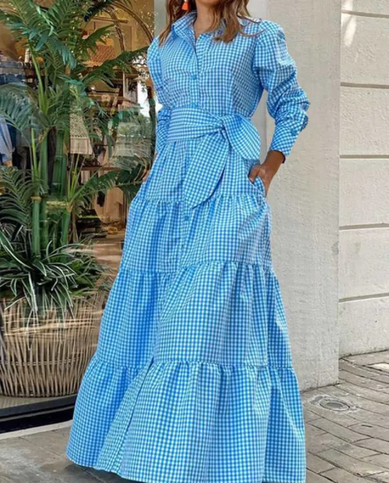 New Blue Francese Elegante Gonna Lunga Manica Lunga Risvolto Camicia A Quadri Office Lady A Line Sashes Abiti Vintage Vestido De