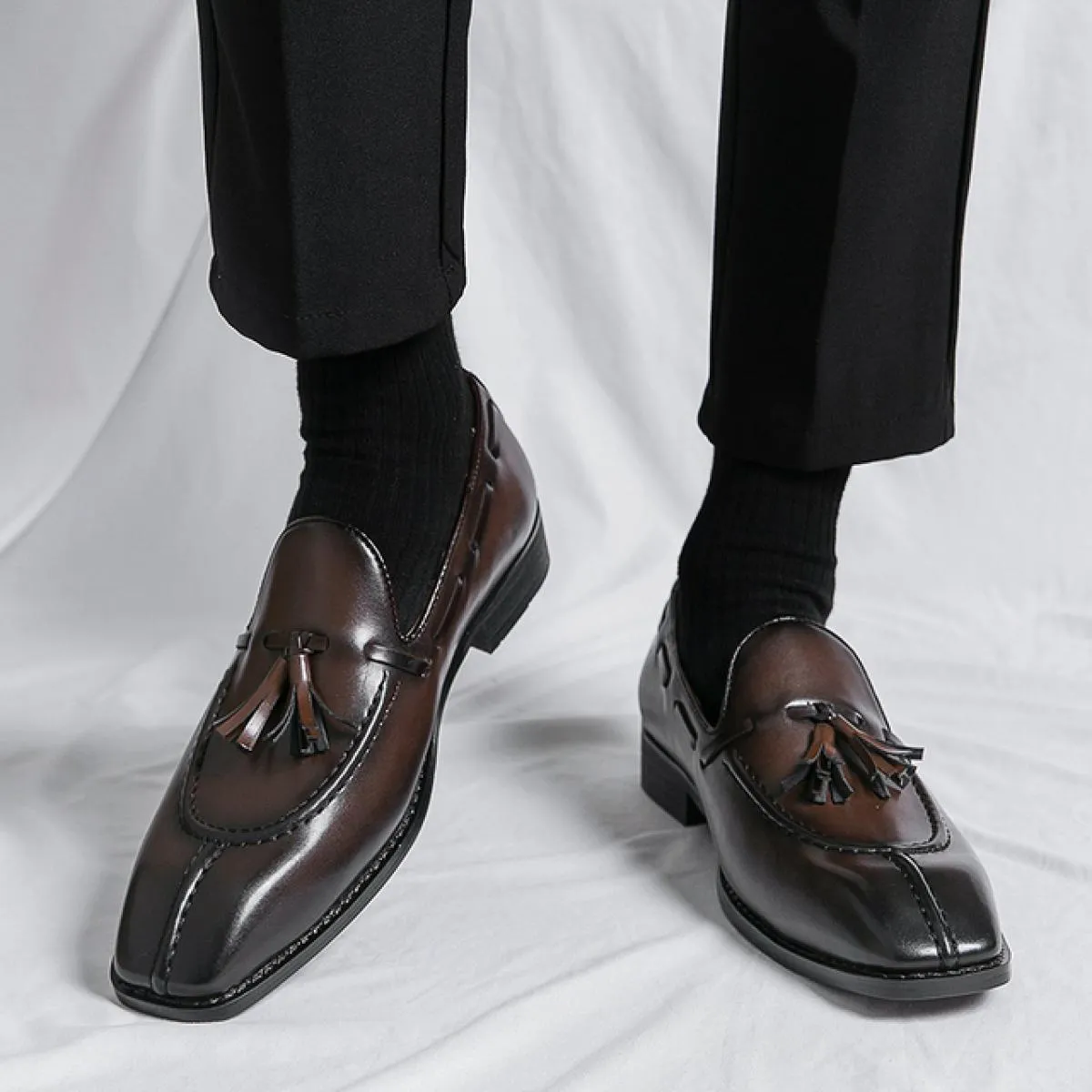 Nuovi mocassini marroni per uomo nappe punta quadrata slip on scarpe formali da uomo affari fatti a mano taglia 38 46 spedizione