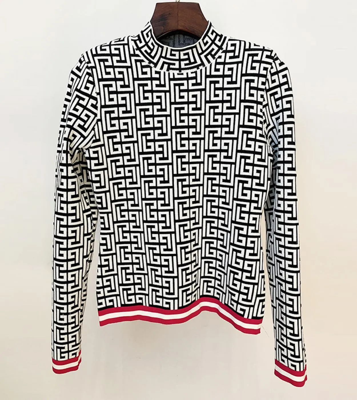 Nuovo design labirinto figura maglione top pantaloni jacquard maglia maglione dolcevita scozzese bianco nero pullover donna inve