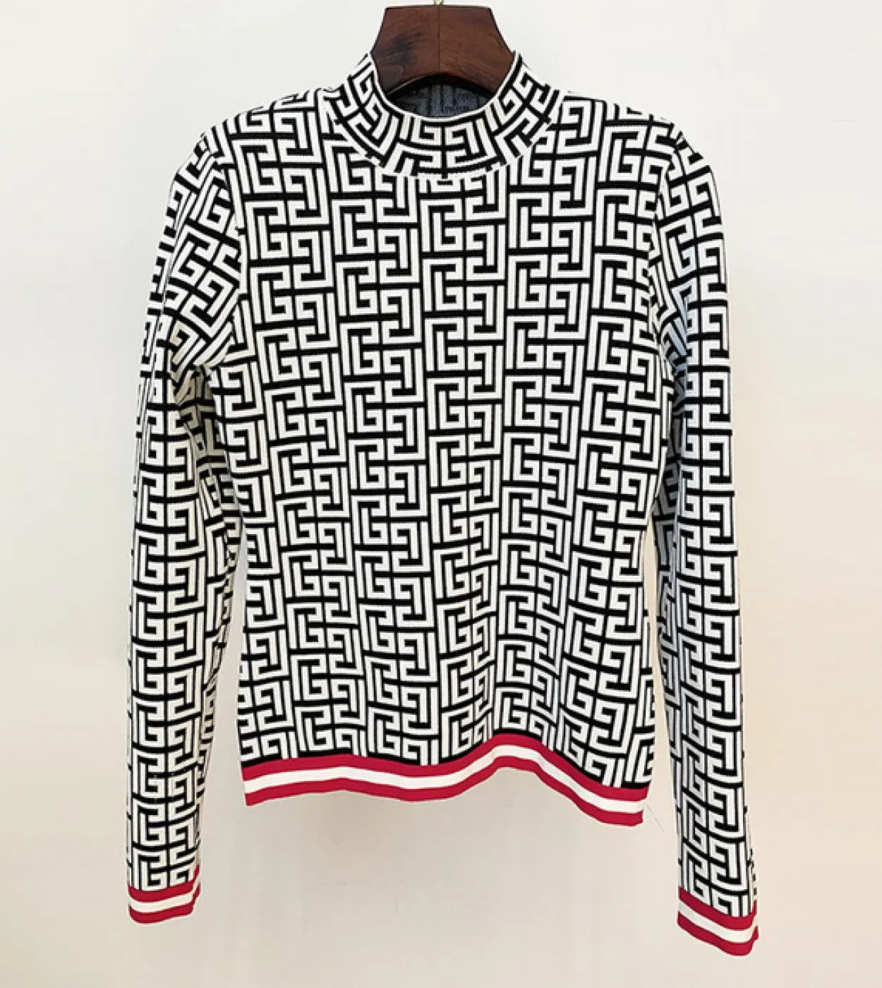 Nuovo design labirinto figura maglione top pantaloni jacquard maglia maglione dolcevita scozzese bianco nero pullover donna inve