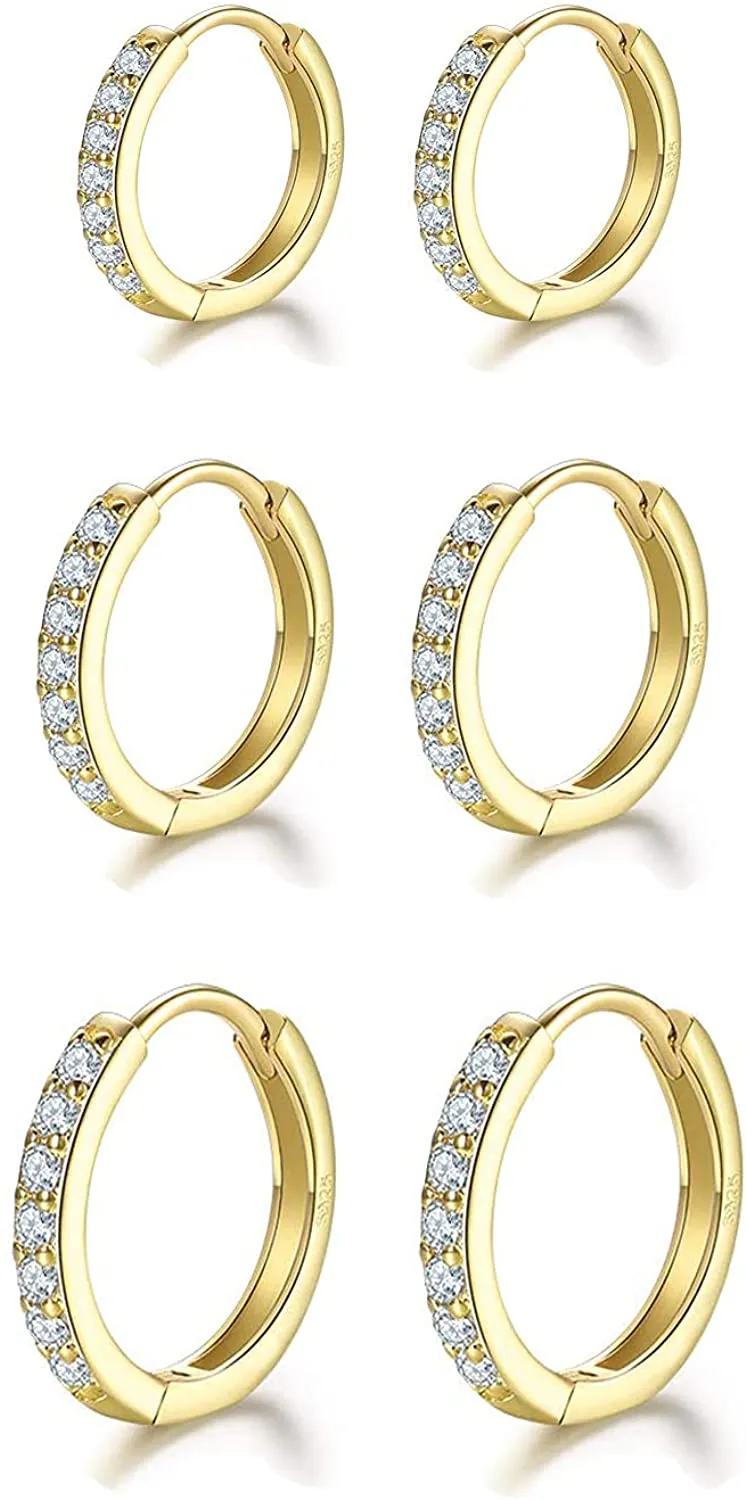 Orecchini Cerchio Argento per Donna,925 Sterling Argento Orecchini A Cerchio Piccoli Con AAA Cubic Zirconia,3 Paia Ipoallergenic