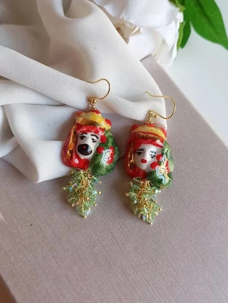 Orecchini Siciliani con Teste di Moro in Ceramica di Caltagirone e Componenti Swarovski