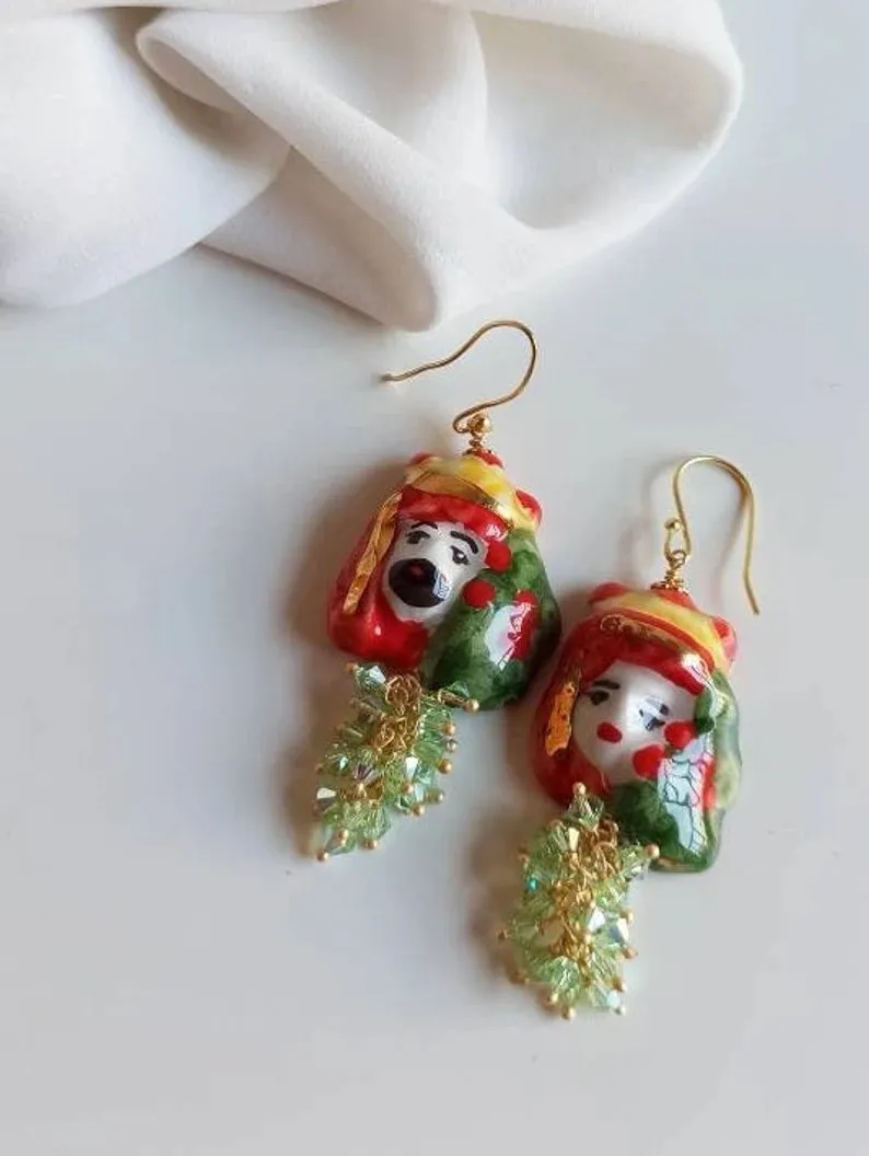 Orecchini Siciliani con Teste di Moro in Ceramica di Caltagirone e Componenti Swarovski