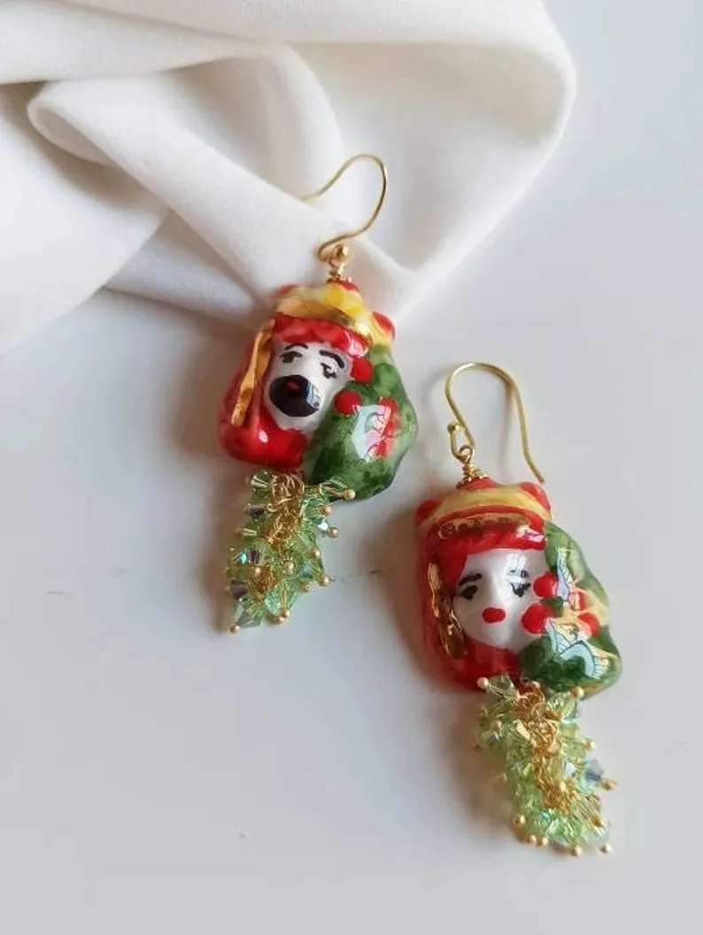 Orecchini Siciliani con Teste di Moro in Ceramica di Caltagirone e Componenti Swarovski