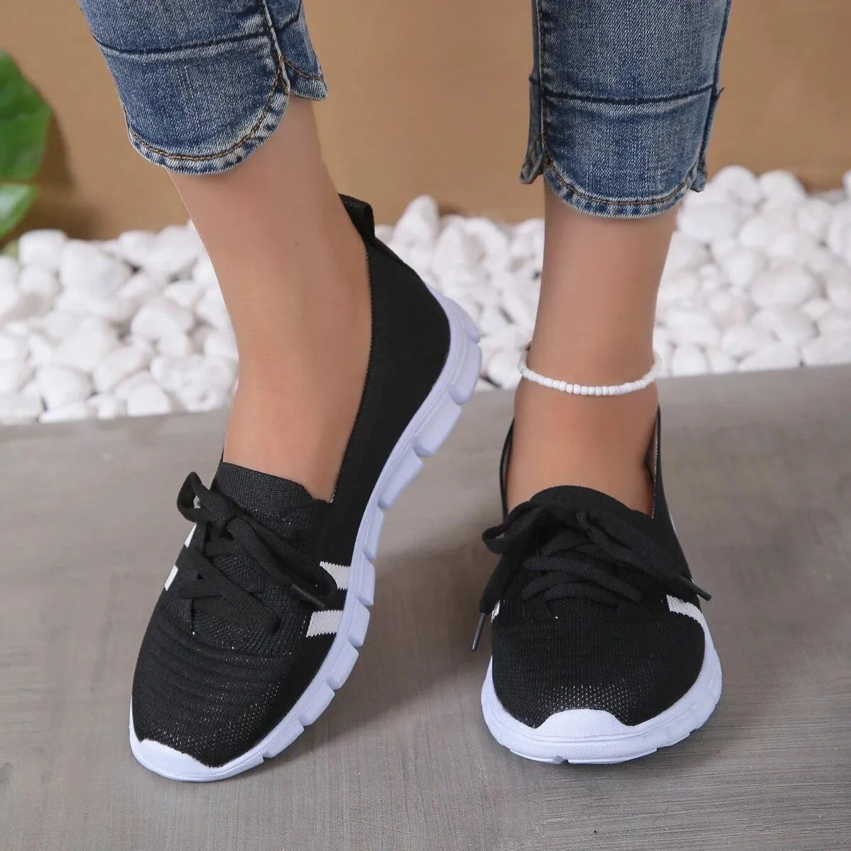 Scarpe basse a righe lavorate a maglia in maglia per donna 2023 Scarpe da ginnastica casual con lacci estivi Donna Mocassini con