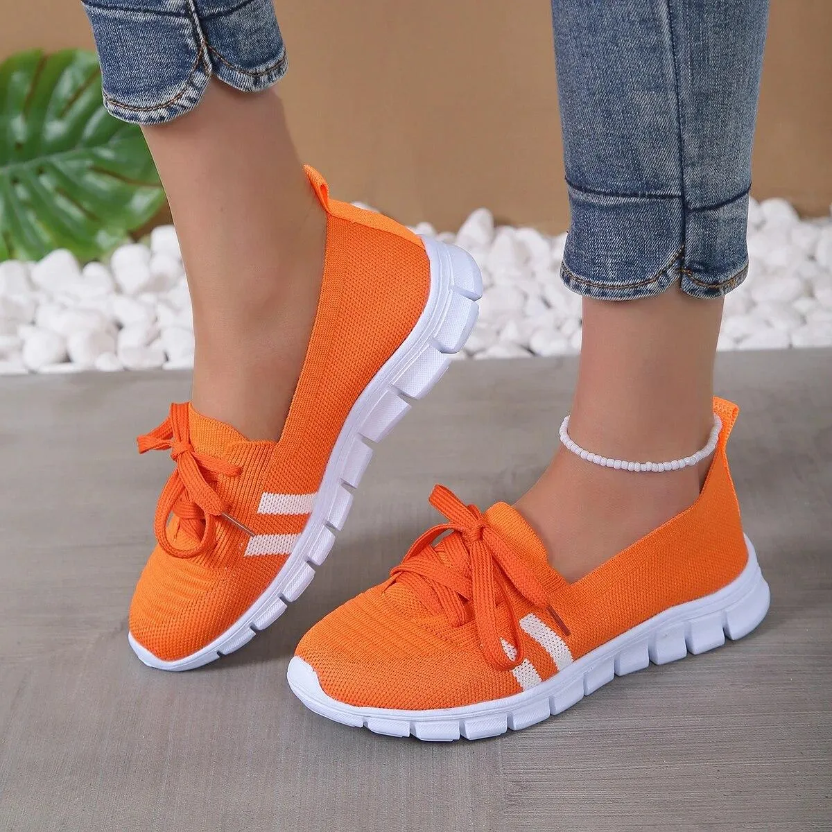 Scarpe basse a righe lavorate a maglia in maglia per donna 2023 Scarpe da ginnastica casual con lacci estivi Donna Mocassini con
