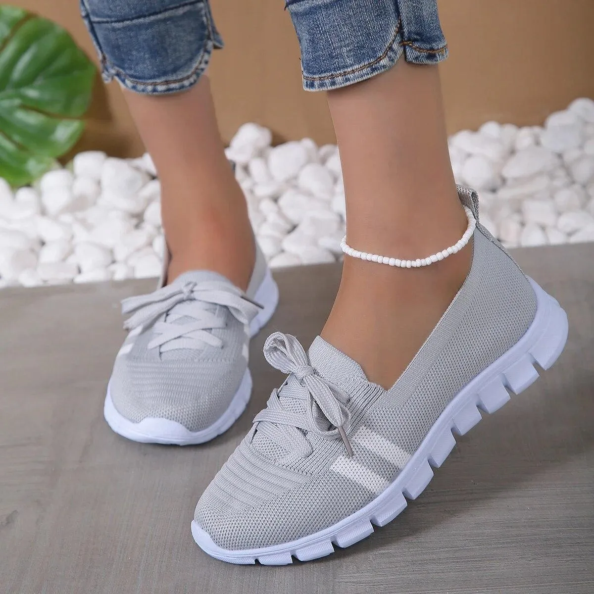 Scarpe basse a righe lavorate a maglia in maglia per donna 2023 Scarpe da ginnastica casual con lacci estivi Donna Mocassini con