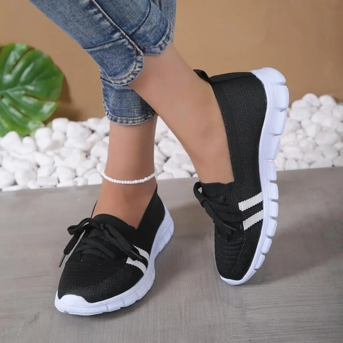 Scarpe basse a righe lavorate a maglia in maglia per donna 2023 Scarpe da ginnastica casual con lacci estivi Donna Mocassini con