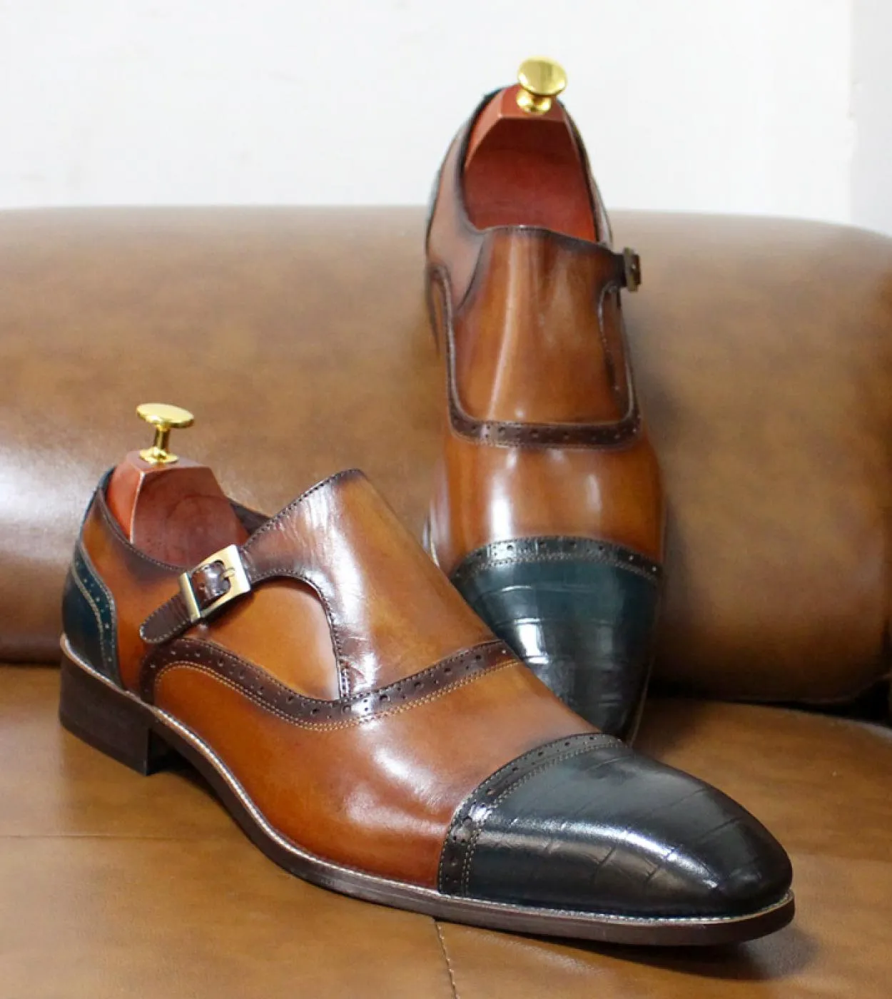Scarpe eleganti da uomo Mocassini con fibbia singola con cinturino monaco fatti a mano Marrone Blu Scarpe da cerimonia da uomo c