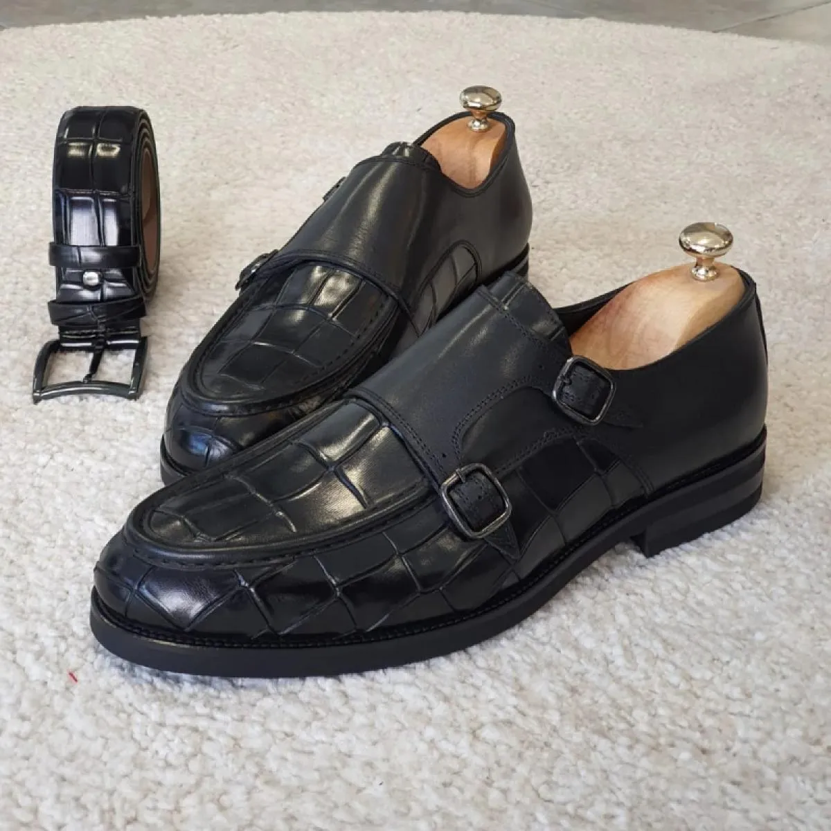 Scarpe formali da uomo nere Mocassini neri Slip On Punta tonda Scarpe da monaco con doppia fibbia da uomo con spedizione gratuit