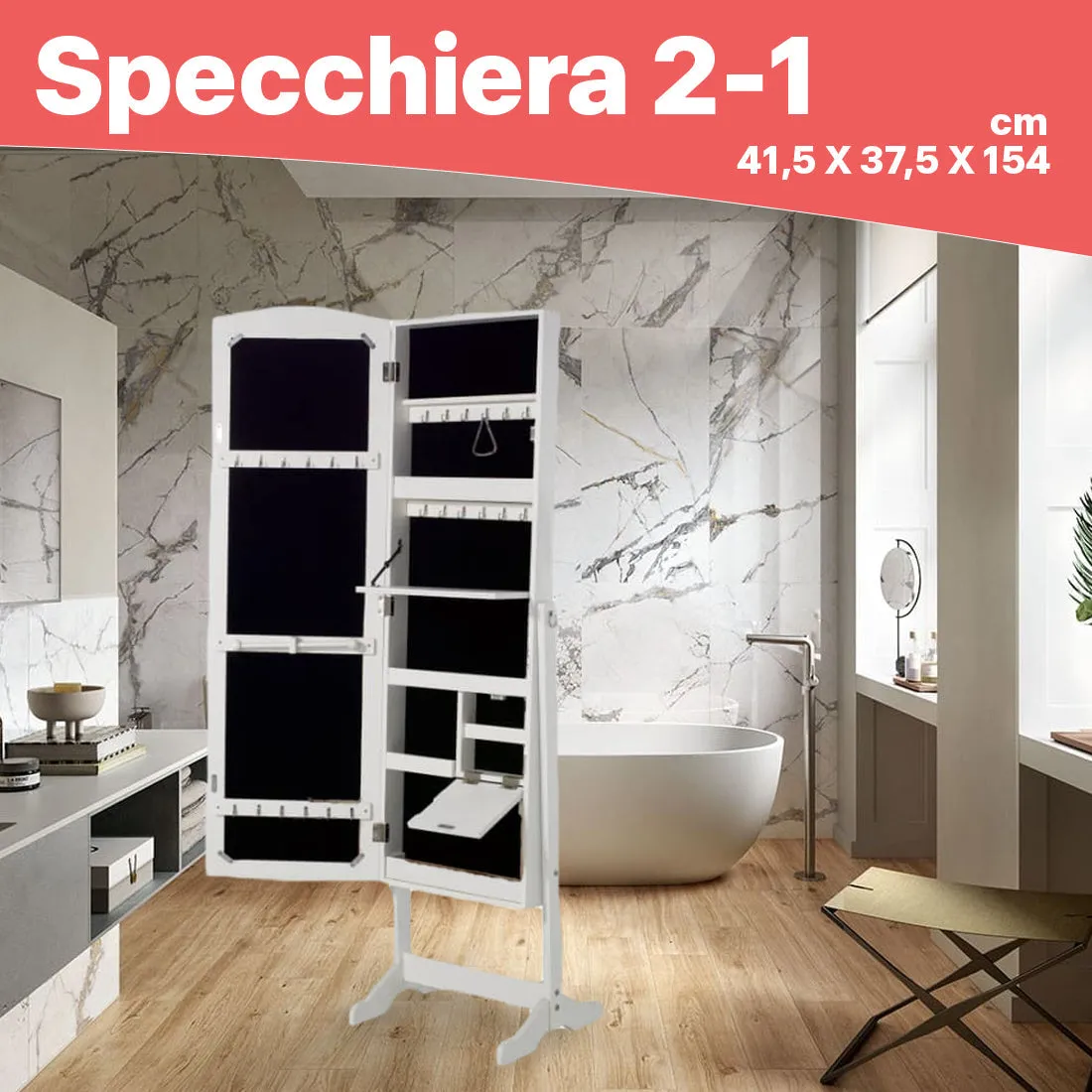Specchiera 2-1, con scaffale per trucchi LED