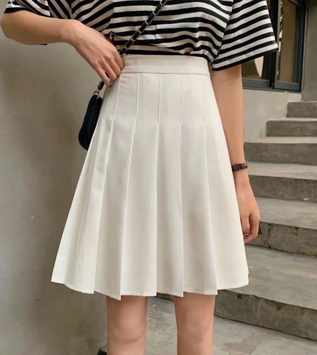 Studente Ragazze Adolescenti Uniforme Scolastica Donna Bianco Nero Gonna Elastica in Vita Gonna Oversize da Donna Gonna Pieghett